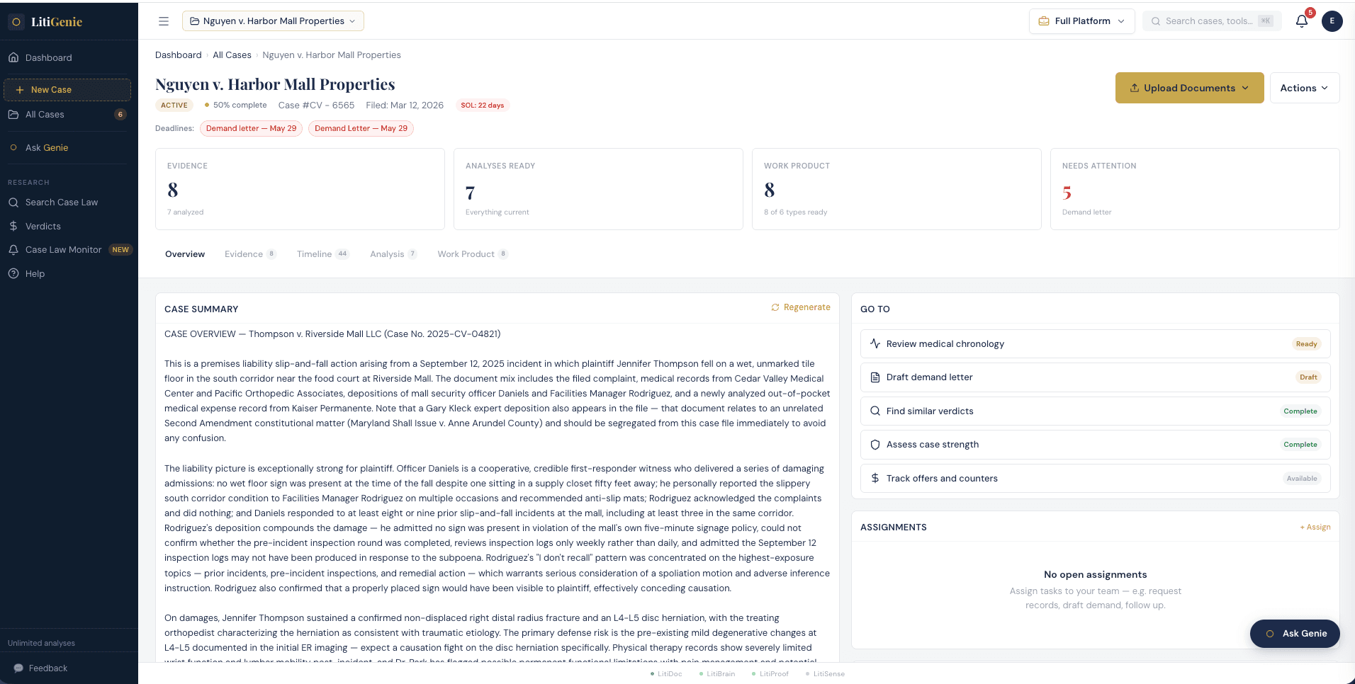 LitiGenie case dashboard showing evidence, analyses, work product, and next case actions